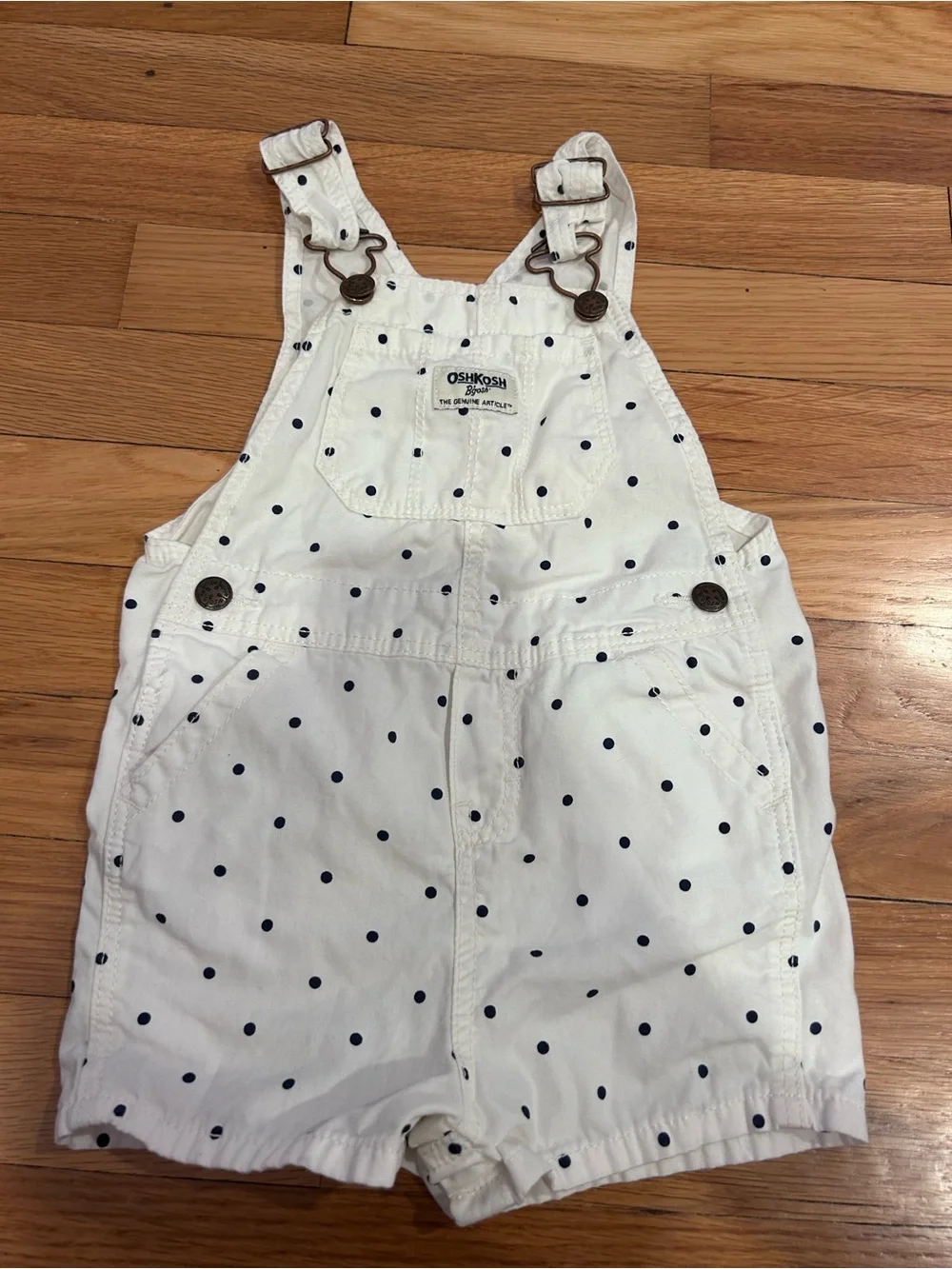 OshKosh B'gosh White Short Overalls with Navy Polka Dots